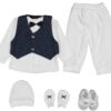 Βρεφικό Σετ 6 κομμάτια με Μπλουζίτσα με Ενιαίο Παπιγιόν, Γιλεκάκι, Παντελονάκι , Σκουφάκι, Γαντάκια και Παπουτσάκια - Σκούρο Μπλε (91281)