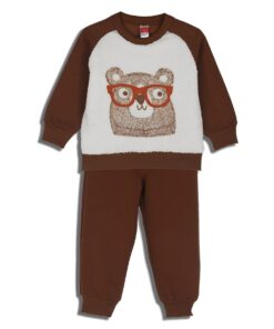 Joyce Παιδικό Σετ Χοντρές Φόρμες Φούτερ, Μπλούζα και Παντελόνι με Σχέδιο Αρκουδάκι - Καφέ (92221)