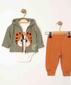 Βρεφικό Σετ Κορμάκι με Παντελόνι και Ζακέτα με Κουκούλα και Σχέδιο Τιγράκι - Καφέ (94887)