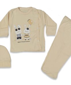 Βρεφικό Σετ Πιτζαμάκι με Ζακετάκι, Παντελονάκι και Σκουφάκι, με Σχέδιο Λαγουδάκια - Μπεζ (95453)