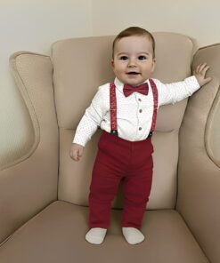 Σετ Βρεφικό Πουκάμισο Κορμάκι με Παντελόνι Καμπαρντινέ και Ξεχωριστές Τιράντες και Παπιγιόν - Μπορντό (96637)