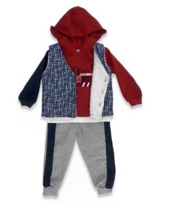 Βρεφικό Σετ Γιλέκο Αμάνικο Fleece και Μπλούζα με Κουκούλα και Παντελόνι – Κόκκινο (96136)