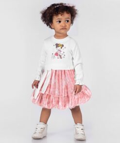 Βρεφικό Φόρεμα Μακρυμάνικο με Σχέδιο Κοριτσάκι και Κορδέλα για το Κεφαλάκι - Σομόν (99173)