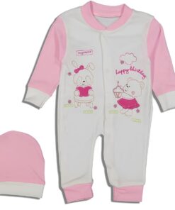 Φορμάκι Βρεφικό με Σχέδιο Λαγουδάκια, με Σκουφάκι και Ανοιχτά Ποδαράκια – Ροζ (102619)