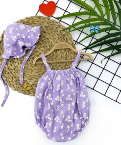 Βρεφικό Κορμάκι Αμάνικο και Καπελάκι σε Φλοράλ Σχέδιο - Λιλά (102404)