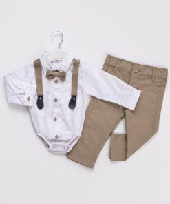 Σετ Βρεφικό Πουκάμισο Κορμάκι με Παντελόνι Καμπαρντινέ, Αποσπώμενες Τιράντες και Παπιγιόν - Μπεζ (106278)