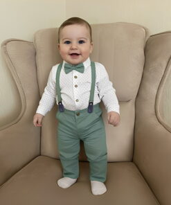 Σετ Βρεφικό Πουκάμισο Κορμάκι με Παντελόνι Καμπαρντινέ, Αποσπώμενες Τιράντες και Παπιγιόν - Πράσινο (106293)