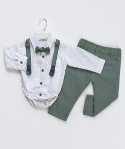 Σετ Βρεφικό Πουκάμισο Κορμάκι με Παντελόνι Καμπαρντινέ, Αποσπώμενες Τιράντες και Παπιγιόν - Πράσινο (106293)