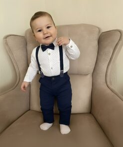 Σετ Βρεφικό Πουκάμισο Κορμάκι με Παντελόνι Καμπαρντινέ, Αποσπώμενες Τιράντες και Παπιγιόν - Σκούρο Μπλε (106286)