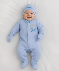 Βρεφικό Φορμάκι με Σκουφάκι και Γαντάκια με Σχέδιο Κορώνα και Παπιγιόν - Γαλάζιο (106371)