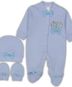 Βρεφικό Φορμάκι με Σκουφάκι και Γαντάκια με Σχέδιο Κορώνα και Παπιγιόν - Γαλάζιο (106371)