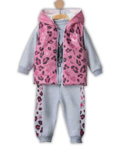 Βρεφικό Σετ Μπλούζα με Παντελόνι και Λεπτό Μπουφανάκι Αμάνικο με Άνιμαλ Πριντ Σχέδιο - Γκρι (106730)