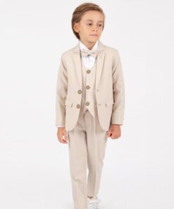 Παιδικό Σετ Σακάκι, Γιλέκο, Πουκάμισο με Παντελόνι και Αποσπώμενο Παπιγιόν - Μπεζ (108677)