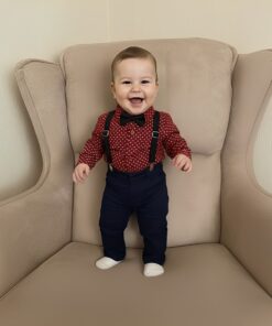 Σετ Βρεφικό Πουκάμισο Κορμάκι με Παντελόνι Καμπαρντινέ και Ξεχωριστές Τιράντες και Παπιγιόν - Μπορντό (108449)
