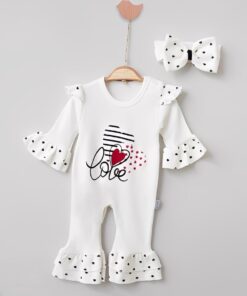 Βρεφικό Φορμάκι με Σχέδιο Καρδούλες και Κορδέλα για το Κεφάλι “Love” – Άσπρο (108383)