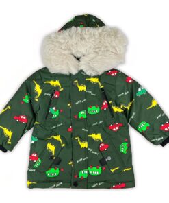 Joyce Χειμερινό Μπουφαν Παρκά με Κουκούλα με Σχέδιο Αυτοκινητάκια και Δεινοσαυράκια - Πράσινο (111379)