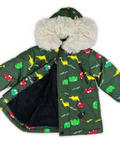 Joyce Χειμερινό Μπουφαν Παρκά με Κουκούλα με Σχέδιο Αυτοκινητάκια και Δεινοσαυράκια - Πράσινο (111379)