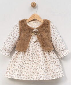Παιδικό Φλοράλ Φόρεμα με Γούνινο Γιλέκο - Καφέ (112410)