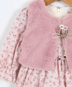 Παιδικό Φλοράλ Φόρεμα με Γούνινο Γιλέκο - Πούδρα (112389)