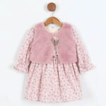Παιδικό Φλοράλ Φόρεμα με Γούνινο Γιλέκο - Πούδρα (112389)