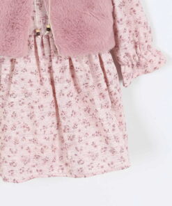 Παιδικό Φλοράλ Φόρεμα με Γούνινο Γιλέκο – Πούδρα (112389)