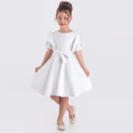Παιδικό Φόρεμα Κοντομάνικο με Βολάν και Ζώνη - Άσπρο (112290)