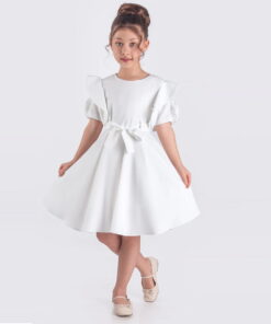 Παιδικό Φόρεμα Κοντομάνικο με Βολάν και Ζώνη - Άσπρο (112290)