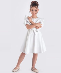 Παιδικό Φόρεμα Κοντομάνικο με Βολάν και Ζώνη - Άσπρο (112290)