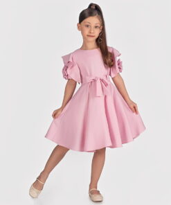 Παιδικό Φόρεμα Κοντομάνικο με Βολάν και Ζώνη - Ροζ (112269)