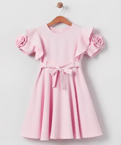 Παιδικό Φόρεμα Κοντομάνικο με Βολάν και Ζώνη – Επίσημο & Κομψό – Ροζ (112269)
