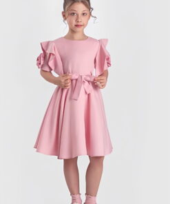 Παιδικό Φόρεμα Κοντομάνικο με Βολάν και Ζώνη - Ροζ (112269)