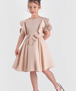 Παιδικό Φόρεμα Κοντομάνικο με Βολάν και Ζώνη - Μπεζ (112280)