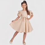 Παιδικό Φόρεμα Κοντομάνικο με Βολάν και Ζώνη - Μπεζ (112280)