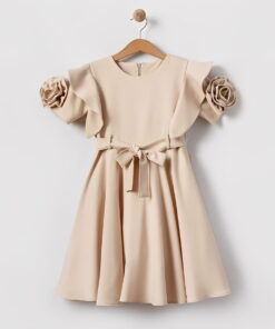 Παιδικό Φόρεμα Κοντομάνικο με Βολάν και Ζώνη – Μπεζ (112280)