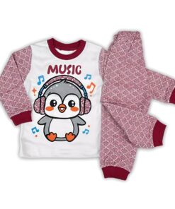 Παιδικό Σετ Πιτζαμάκι Μπλούζα και Παντελόνι με Σχέδιο Πιγκουινάκι "Music" - Μπορντό (111277)