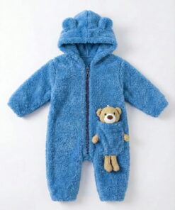 Βρεφικό Φορμάκι Fleece με Κουκούλα με Αυτάκια και 3D Αρκουδάκι - Μπλε (112681)