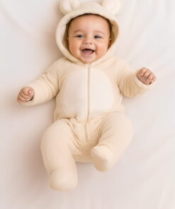 Βρεφικό Φορμάκι Fleece με Σχέδιο Αρκουδάκι και Ενιαία Κουκούλα - Κρεμ (112165)
