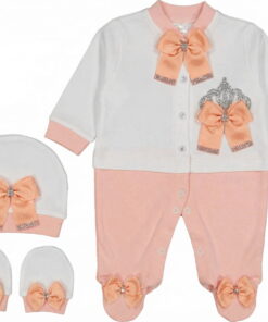 Βρεφικό Φορμάκι με Κλειστά Ποδαράκια Σκουφάκι και Γαντάκια με Σχέδιο Κορώνα και Παπιγιόν - Σομόν (112664)