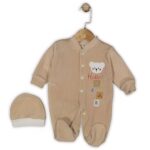 Βρεφικό Φορμάκι Βελουτέ και Σκουφάκι με Σχέδιο Αρκουδάκι "Hello" - Μπεζ (111289)