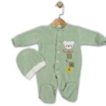 Βρεφικό Φορμάκι Βελουτέ και Σκουφάκι με Σχέδιο Αρκουδάκι "Hello" - Πράσινο (111283)