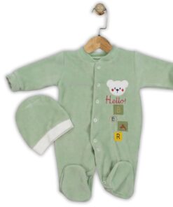 Βρεφικό Φορμάκι Βελουτέ και Σκουφάκι με Σχέδιο Αρκουδάκι "Hello" - Πράσινο (111283)