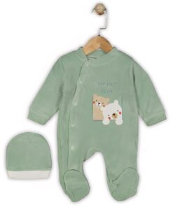 Βρεφικό Φορμάκι Βελουτέ και Σκουφάκι με Σχέδιο Αρκουδάκια "My First Bear" - Πράσινο (111305)