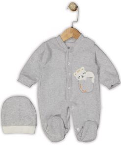 Βρεφικό Φορμάκι Βελουτέ και Σκουφάκι με Σχέδιο Γατάκι - Γκρι (111295)