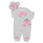 Βρεφικό Κοντομάνικο Φορμάκι Αμπιγιέ με Κορώνα, Φιόγκους και Κορδέλα - Ροζ (112654)