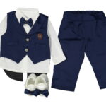 Βρεφικό Σετ 5 Kομμάτια με Πουκάμισο με Αποσπώμενο Παπιγιόν, Γιλέκο Φράκο, Παντελονι και Παπουτσάκια - Σκούρο Μπλε (112605)