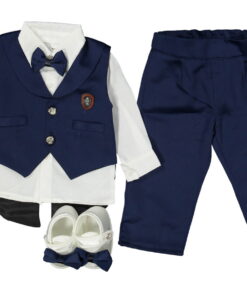 Βρεφικό Σετ 5 Kομμάτια με Πουκάμισο με Αποσπώμενο Παπιγιόν, Γιλέκο Φράκο, Παντελονι και Παπουτσάκια - Σκούρο Μπλε (112605)