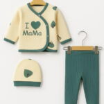 Βρεφικό Σετ Πιτζαμάκι με Ζακετάκι, Παντελονάκι και Σκουφάκι, με Σχέδιο Καρδούλες "I Love Mama" - Πράσινο (112867)