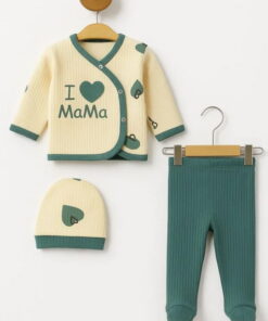 Βρεφικό Σετ Πιτζαμάκι με Ζακετάκι, Παντελονάκι και Σκουφάκι, με Σχέδιο Καρδούλες "I Love Mama" - Πράσινο (112867)