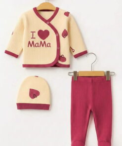 Βρεφικό Σετ Πιτζαμάκι με Ζακετάκι, Παντελονάκι και Σκουφάκι, με Σχέδιο Καρούλες "I Love Mama" - Ροδί (112861)