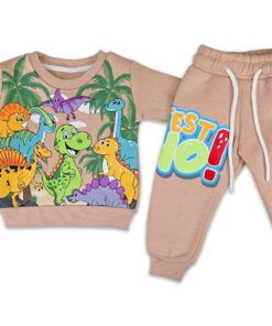 Βρεφικό Σετ Χοντρές Φόρμες Φούτερ, Μπλούζα και Παντελόνι με Σχέδιο Δεινόσαυρους - Μπεζ (111931)